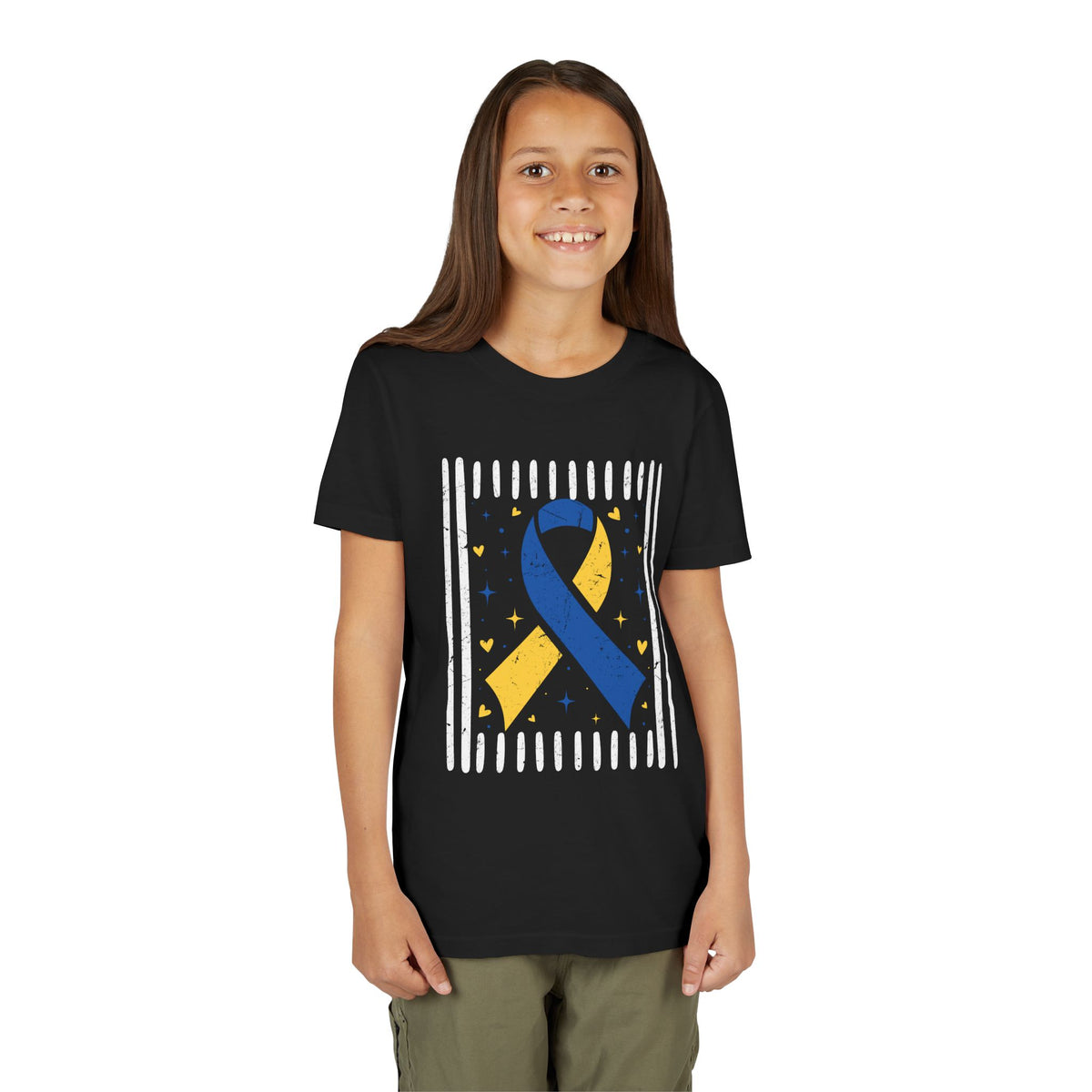 Youth Down Syndrome Blue and Yellow Awareness Ribbon T-Shirt