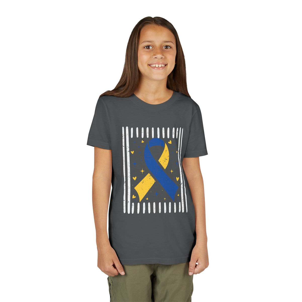 Youth Down Syndrome Blue and Yellow Awareness Ribbon T-Shirt